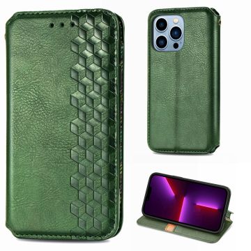 Leather case with a stylish rhombus imprint for iPhone 13 Pro - Green