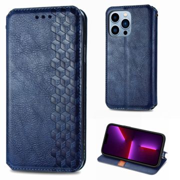 Leather case with a stylish rhombus imprint for iPhone 13 Pro - Blue