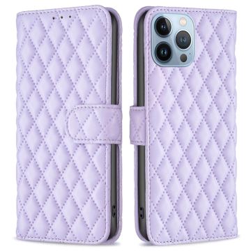 Rhombus pattern matte flip case for iPhone 13 Pro - Purple