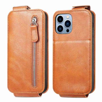 Vertical flip phone case with zipper for iPhone 13 Pro - Brown