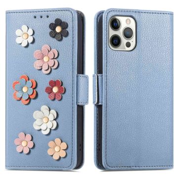 Soft flower decor leather case for iPhone 13 Pro - Blue