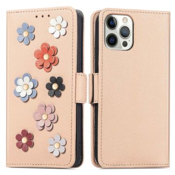 Soft flower decor leather case for iPhone 13 Pro - Khaki