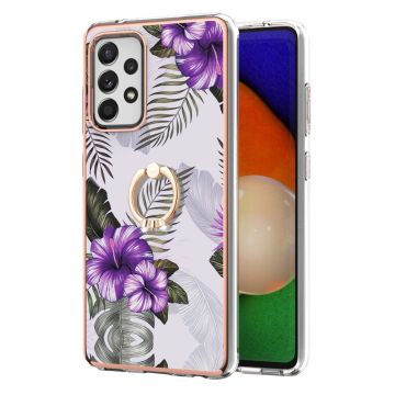 Marble patterned cover with ring holder for Samsung Galaxy A52s 5G / A52 5G / A52 - Purple Flowers