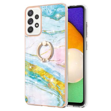 Marble patterned cover with ring holder for Samsung Galaxy A52s 5G / A52 5G / A52 - Green and Yellow Marble Haze