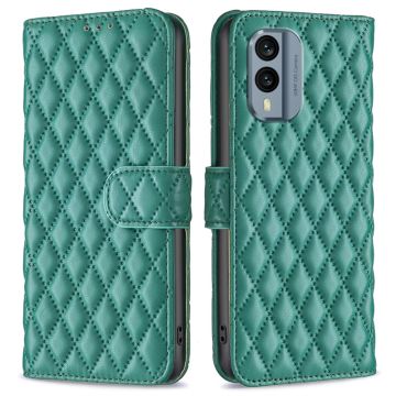 Rhombus pattern matte flip case for Nokia X30 - Green