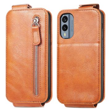 Vertical flip phone case with zipper for Nokia X30 - Brown