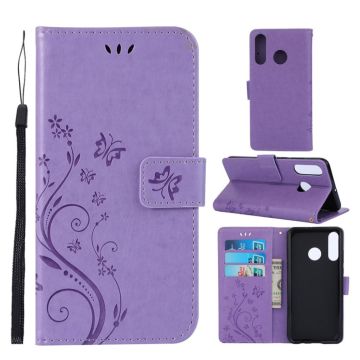 Huawei P30 Lite printti Perhonen Kukka nahkainen suojakotelo   - Violetti