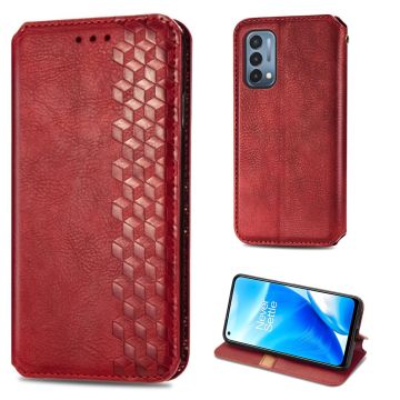 Leather case with a stylish rhombus imprint for OnePlus Nord N200 5G - Red