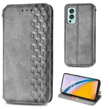 Leather case with a stylish rhombus imprint for OnePlus Nord 2 5G - Grey