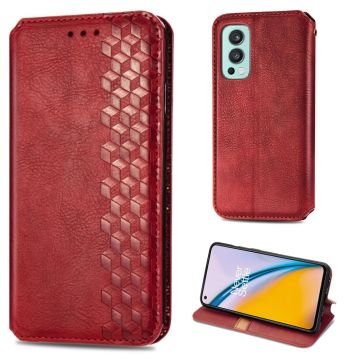 Leather case with a stylish rhombus imprint for OnePlus Nord 2 5G - Red