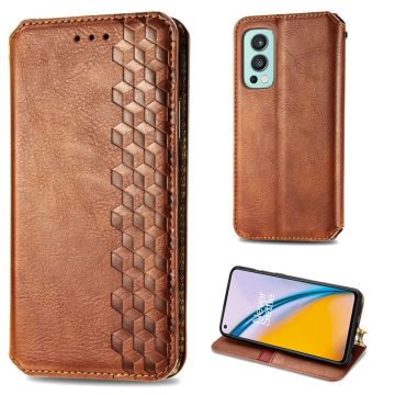 Leather case with a stylish rhombus imprint for OnePlus Nord 2 5G - Brown