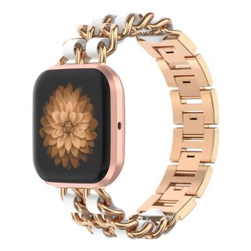 Fitbit Versa 2 / Versa Lite stainless steel + leather watch strap - Rose Gold / White Leather