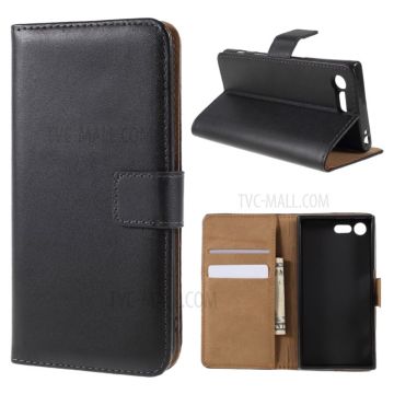 Genuine Split Leather Wallet Case with Stand for Sony Xperia X Compact - Black