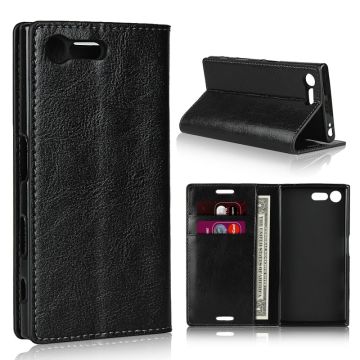 For Sony Xperia X Compact Crazy Horse Genuine Leather Wallet Case Shell - Black