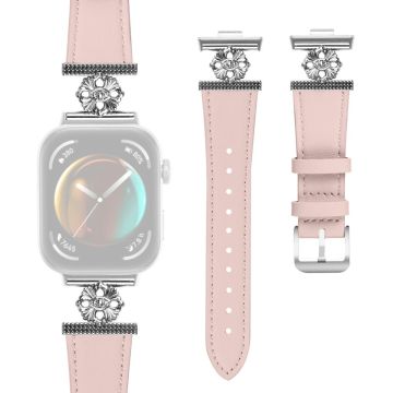 Huawei Watch Fit 3 Watch Band Genuine Cow Leather Flower Decor Adjustable Strap - Pink