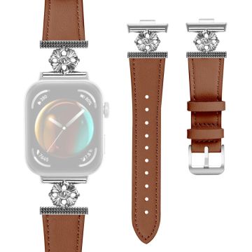 Huawei Watch Fit 3 Watch Band Genuine Cow Leather Flower Decor Adjustable Strap - Brown