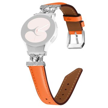 Watch Band Samsung Galaxy Watch Universal Genuine Cow Leather Rhinestone M-shape Connector Strap with Silver Buckle - Orange