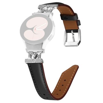 Watch Band Samsung Galaxy Watch Universal Genuine Cow Leather Rhinestone M-shape Connector Strap with Silver Buckle - Black