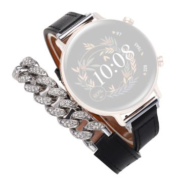 22mm Universal Smart Watch Band Bling Rhinestone Genuine Cow Leather and Chain Strap Replacement - Black