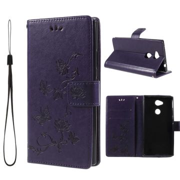 Sony Xperia L2 imprint butterfly flowers PU leather flip case - Dark Purple