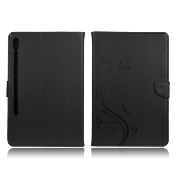 Samsung Galaxy Tab S6 imprint butterfly flower leather case - Black