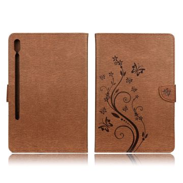 Samsung Galaxy Tab S6 imprint butterfly flower leather case - Brown