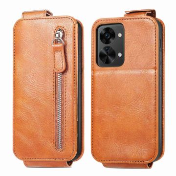 Vertical flip phone case with zipper for OnePlus Nord 2T - Brown