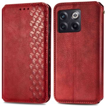 Leather case with a stylish rhombus imprint for OnePlus Ace Pro / 10T - Red